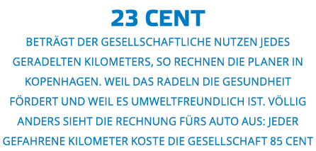 23 CENT betr gt der gesellschaftliche Nutzen jedes geradelten Kilometers  so rechnen die Planer in Kopenhagen  Weil d   